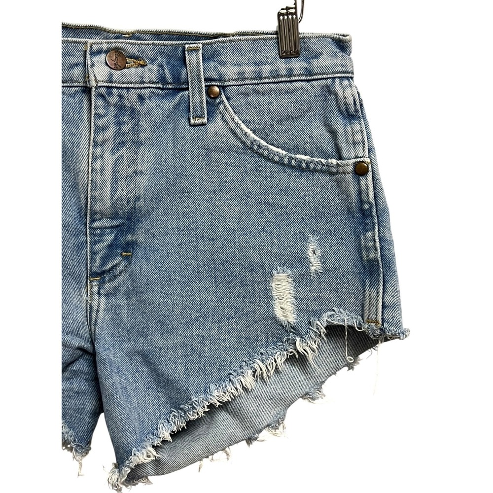 Wrangler Denim Shorts Womens 28 Blue Distressed Frayed Cut Off High Waisted Boho - Picture 5 of 9